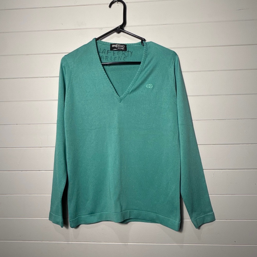 Givenchy Sport Vintage V-Neck Sweater Womens L Teal Green Embroidered Logo Knit